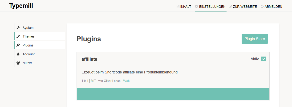 Affiliate Plugin in Typemill aktivieren