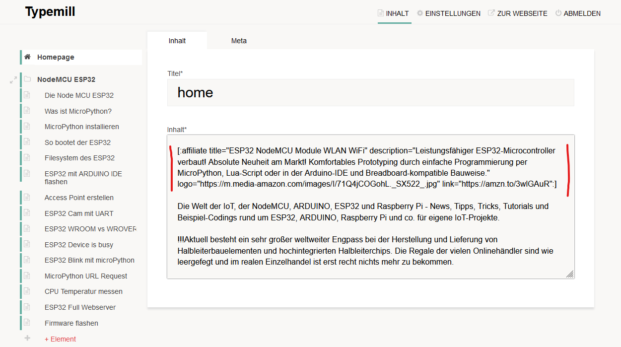 Shortcode im Typemill Content